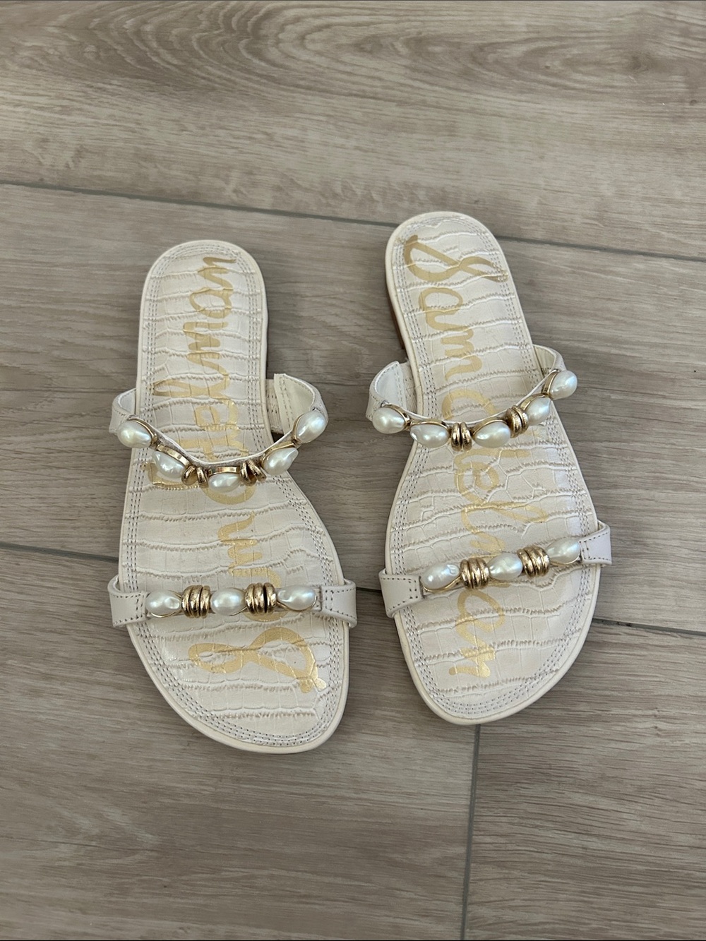 Sam Edelman Cream Pearl & Gold Bead Slide Sandals